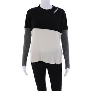 R+A Womens Cashmere Color Block Long Sleeve Pullover Sweater Black Size S